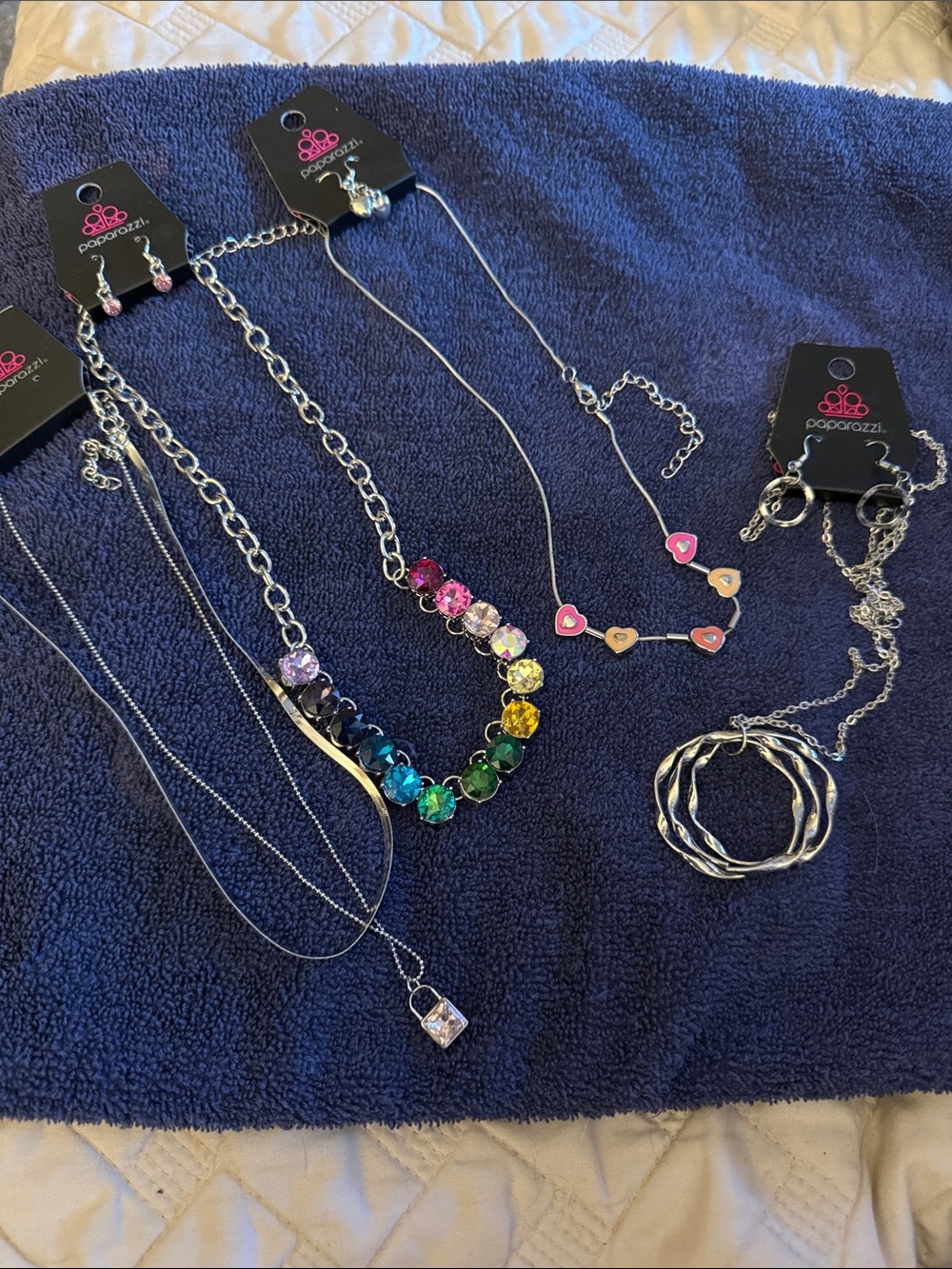 LOT - Paparazzi Rainbow Crystal Necklace and Jewelry Set - Silver Tone